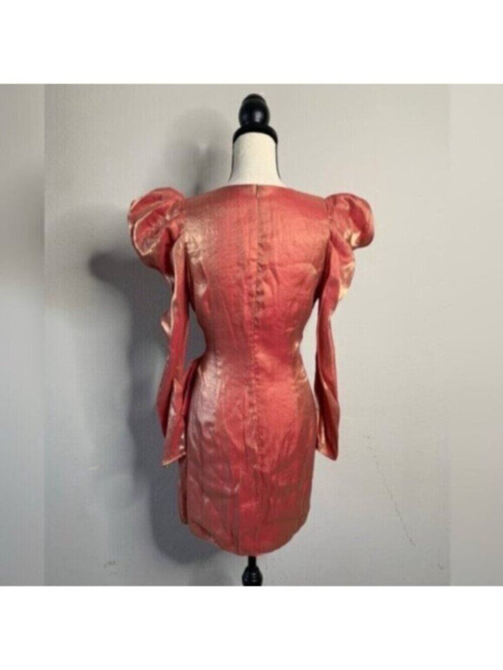 Elliatt Metallic Copper Gold Puff Shoulder Long Sleeve Wrap Mini Dress - Picture 6 of 15